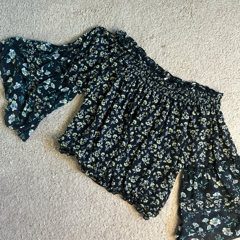Free People Floral Off-Shoulder Blouse - Black and Blue